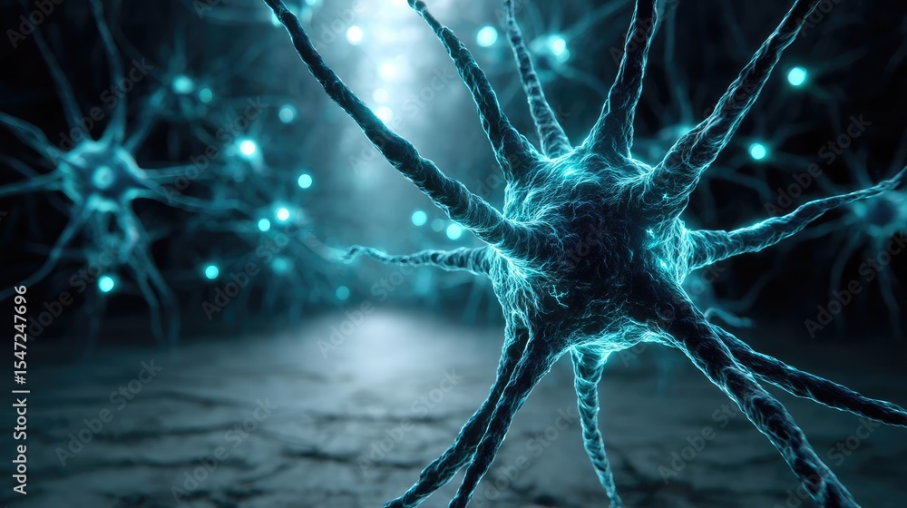 Poster dopamine imbalance with low brain activity pattern concept. close-up view of glowing neurons in a da