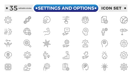 Settings and Options icon vector set. Containing software update, configuration, customization, options, maintenance, progress bar, upgrade, settings, installation. Editable stroke outline icon.