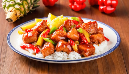 Delicious sweet and sour chicken with pineapple and vegetables on rice