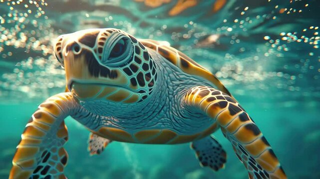 Green sea turtle swims gracefully through clear ocean waters, showcasing its vibrant colors and intricate shell patterns