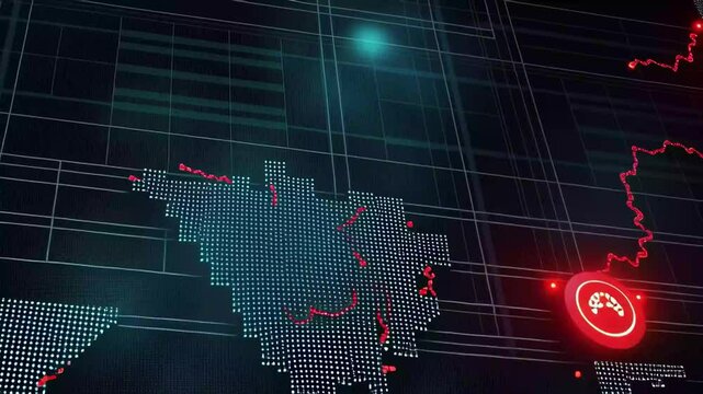 Digital world map displaying cybersecurity threats with red alerts across various regions