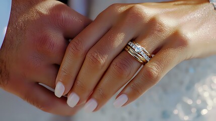 Close up of elegant engagement ring and wedding band on woman's finger with light pink manicure against soft blurred background, showcasing luxury jewelry.