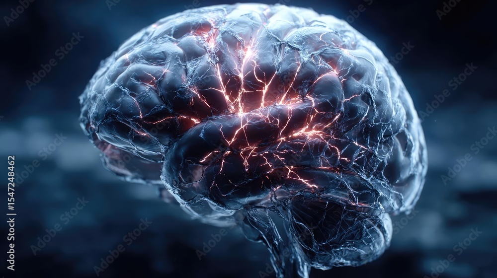 Poster dopamine pathway disruption leads to cognitive imbalance concept. a close-up view of a glowing brain