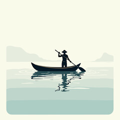 Serene Silhouette of a Person Rowing a Boat on Calm Waters with Distant Mountains, a Peaceful Scene
