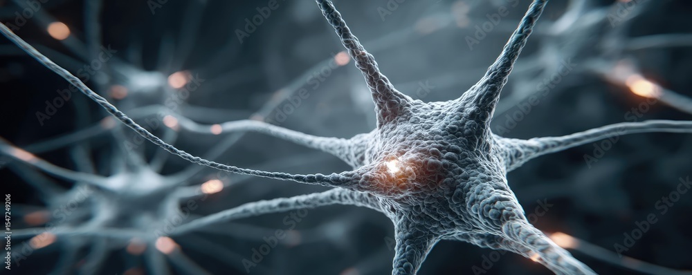 Poster dopamine imbalance with low brain activity pattern concept. microscopic view of neurons showcasing t