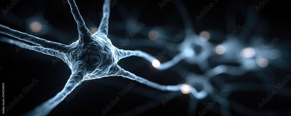 Poster dopamine imbalance with low brain activity pattern concept. detailed close-up of intricate neuron ce