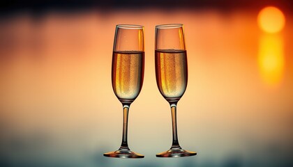Two Champagne Glasses Clinking at Sunset with Bokeh Lights, 32k Resolution
