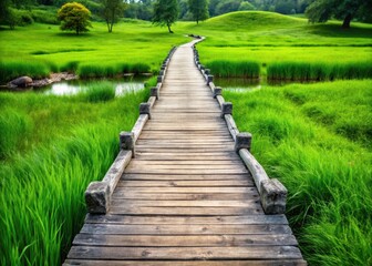 Obraz premium A serene meadow scene featuring a blend of lush green grass and weathered stone pathways leading to a wooden bridge
