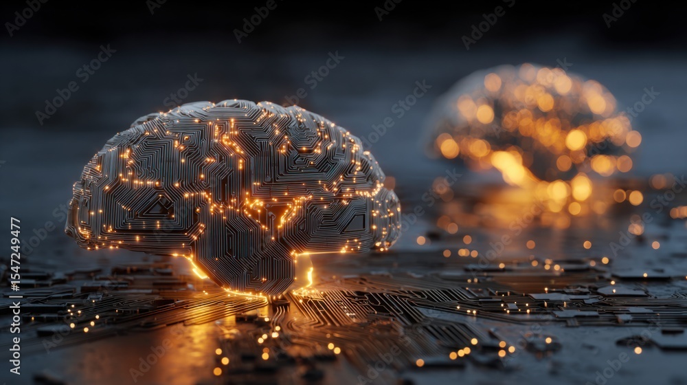 Poster artificial intelligence brain concept: a glowing circuit board brain symbolizes innovation and techn