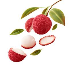 flying lychee fruit and half slices isolated