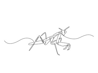 Wild Praying mantis in single outline illustration. Continuous line art drawing of mantis. Editable stroke.