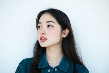 Thoughtful Young Woman with Long Dark Hair Against Neutral Background