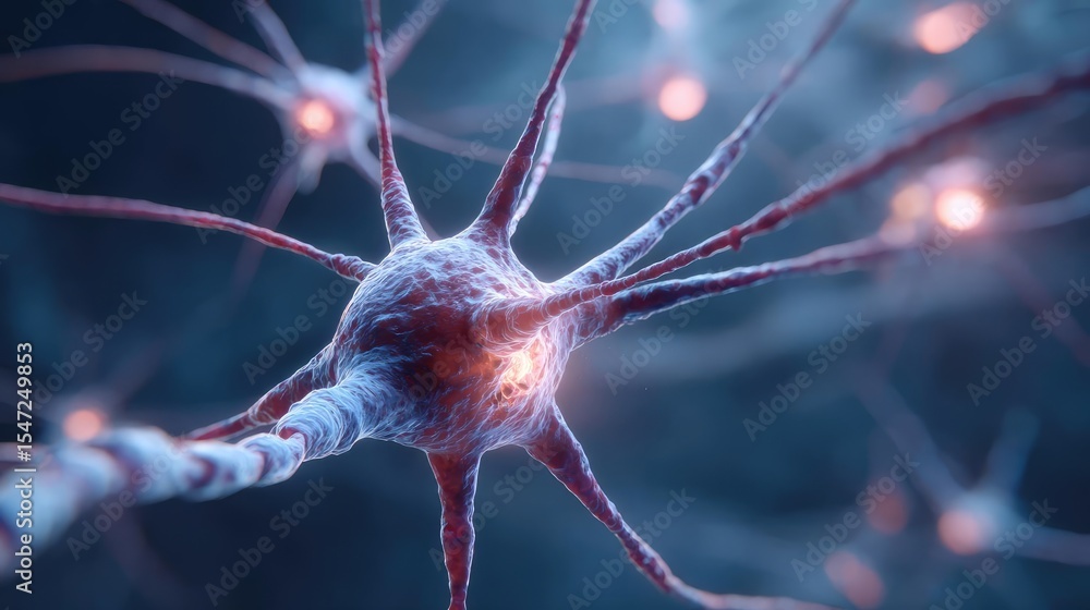 Poster dopamine pathway disruption leads to cognitive imbalance concept. a detailed view of a neural cell s