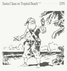Imagine Santa Claus having fun on a sunny beach surrounded by palm trees and vibrant ocean waves
