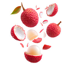 flying lychee fruit and half slices isolated