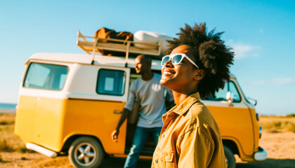 Joyful african adults on a road trip with yellow van under clear blue sky
