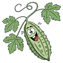 Cartoon bitter gourd character hanging with smiling face and leaves