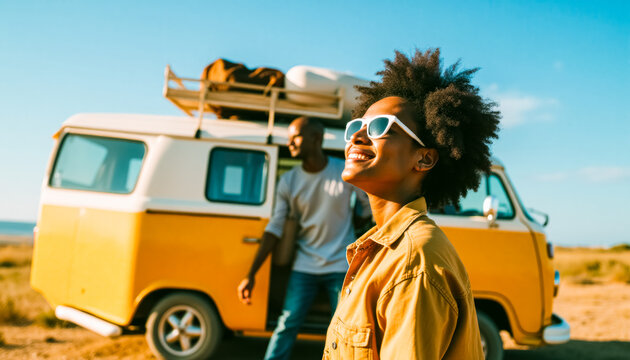Joyful african adults on a road trip with yellow van under clear blue sky