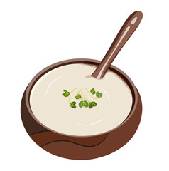 Creamy Cauliflower Soup in Wooden Bowl Illustration Isolated on White Background