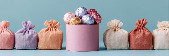 Minimalist pastel fabric gift bags and cylinder box with colorful foil-wrapped chocolates, modern festive packaging for luxury holiday and event gifting trends