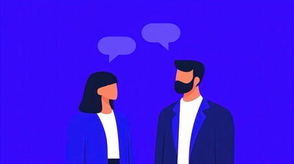 Two people engaged in a conversation with speech bubbles above their heads on a blue background.