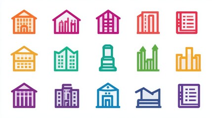 Obraz premium Colorful house and building icons in various styles, representing different architectural designs and structures, arranged in a neat grid on a white background.