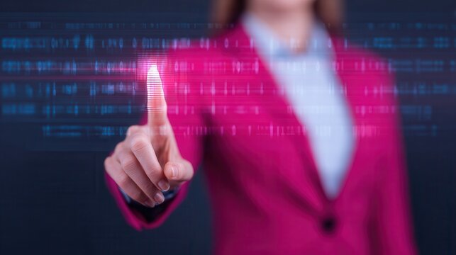 A person in a suit interacts with a digital interface, touching glowing code and data projections.