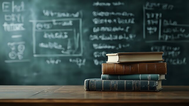Stack of vintage books on wooden desk against green chalkboard with mathematical formulas and equations written in chalk, creating scholarly atmosphere in classroom.