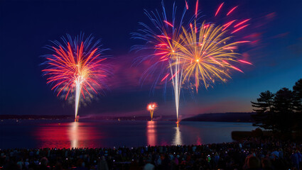 Stunning Fireworks Display over Calm Lake at Night: Vibrant Red White and Blue Explosions Light Up the Dark Sky above a Crowd of Spectators Enjoying a Festive Celebration