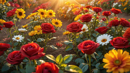 Vibrant red roses and sunflowers bloom in a lush summer garden bathed in golden sunlight creating a breathtaking floral scene of nature's beauty.