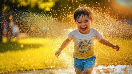 Child running in water play