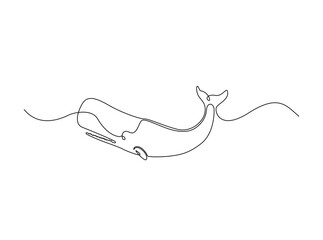 Cachalot or sperm whale in single outline illustration. Continuous line art drawing of sperm whale in the sea. Editable stroke.