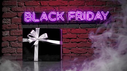Neon Black Friday sign glowing in pink above a gift box with ribbon and smoky background, symbolizing massive retail deals, sales promotions, and holiday shopping frenzy
