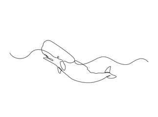 Cachalot or sperm whale in single outline illustration. Continuous line art drawing of sperm whale in the sea. Editable stroke.