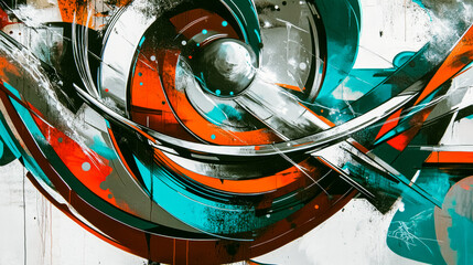 Dynamic abstract art with vibrant teal, orange, and gray swirls