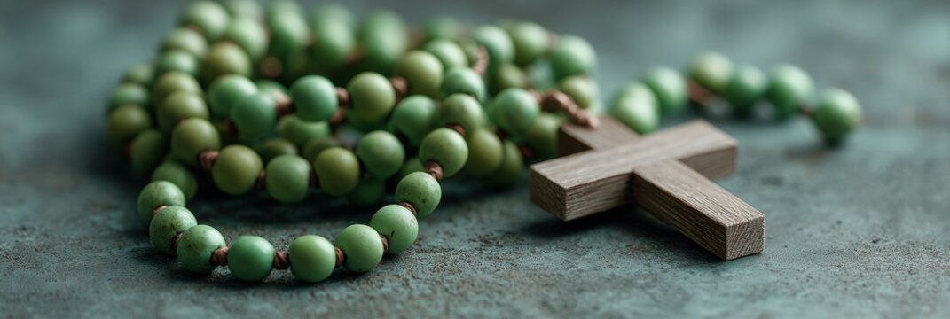 Orthodox Pentecost Monday Prayer Rosary Beads and Wooden Cross with Moody Green Tones for Spiritual Faith and Seasonal Religious Marketing Campaigns - Powered by Adobe