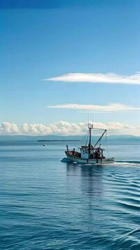 Longliner boat drifts at sea with calm waters and clear blue skies, lines stretching into the horizon as seabirds glide overhead and waves gently rock the vessel, Camera follows the character