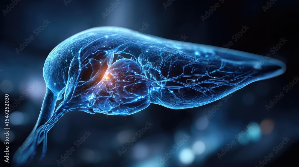 Poster gallbladder location during ultrasound imaging concept. futuristic neural pattern glowing in a dark 