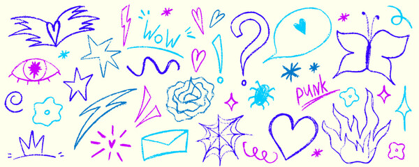 Doodle punk scribble set with heart, flower and butterfly. Sketch scribble doodle y2k punk element. Crayon vector hand drawn.