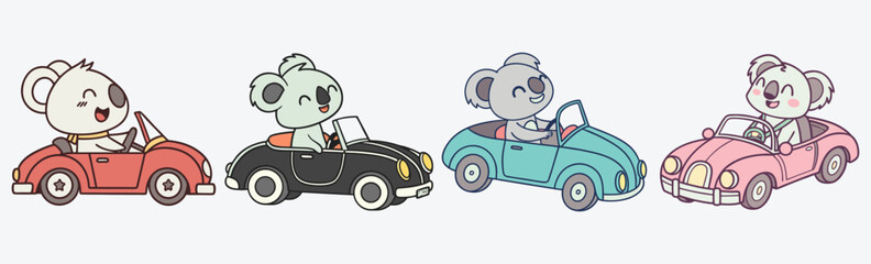 colorful funny animal riding car. Cute koalas on a colorful road trip vector.