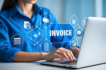 Fototapeta premium E-Invoice and Online Billing Management Concept. A person working on laptop with digital invoice icons, calendar, checklist, money, statement, document represents e-invoicing and financial workflow.