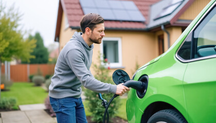 Young caucasian male charging electric car in suburban driveway with solar panels