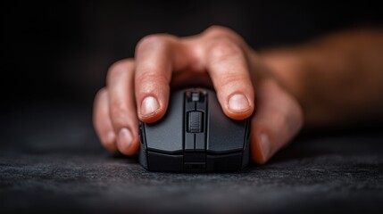 A close-up image of a hand gripping a black computer mouse on a dark surface.