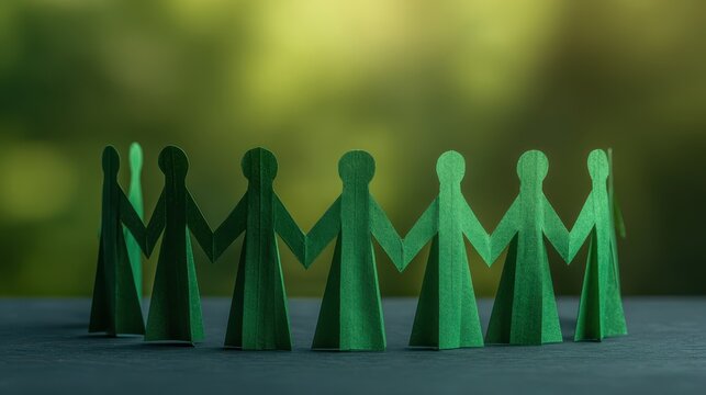 Green wooden figures holding hands in a circle symbolize unity, teamwork, and community against a blurred nature background.