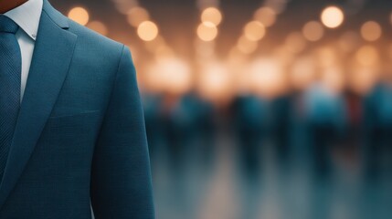 A close-up of a person in a formal blue suit with a tie, blurred crowd in the background with warm bokeh lighting.