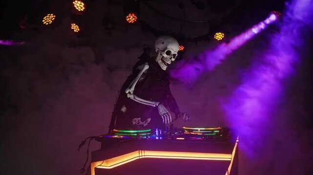 Skeleton DJ in dramatic purple lighting performing electronic music set on smoky stage, capturing Halloween party nightclub energy with spooky vibes and eerie performance elements