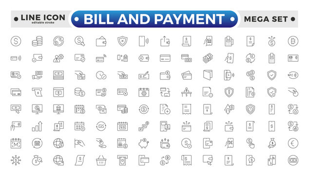 Bill and Payment Outline icon set. Containing finance related icons. bill, receipt, invoice, document, atm, cash, cryptocurrency, blockchain, banking, payments.
Editable stroke outline icon.