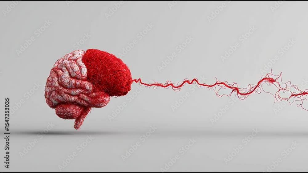 Poster an engaging animation depicts a brain intertwined with vibrant red threads, symbolizing the connecti
