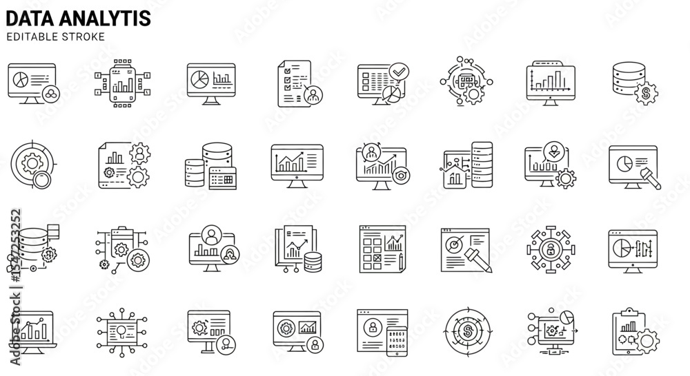 Poster data analysis and analytics icons set: editable stroke for business and technology needs