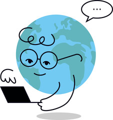 Smart Earth Mascot Character in Glasses With Laptop Vector Illustration